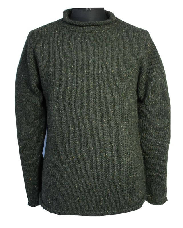 Irischer Tweedpullover mit kleinen Rollkragen. Grün meliert XXL