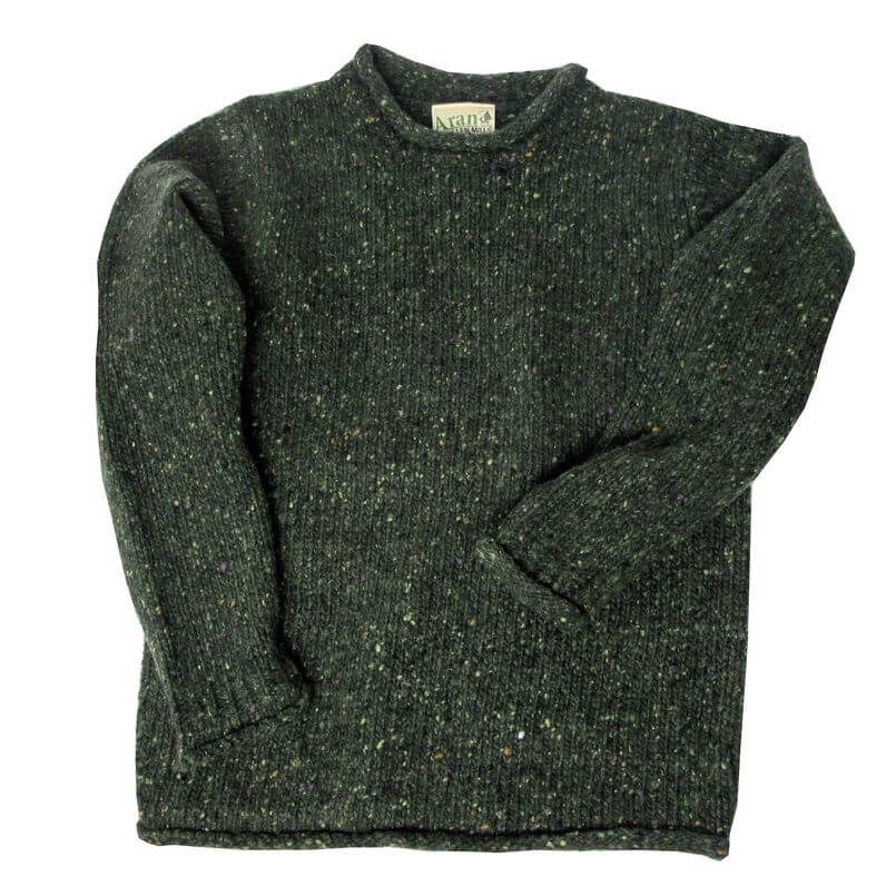 Irischer Tweedpullover mit kleinen Rollkragen. Grün meliert L