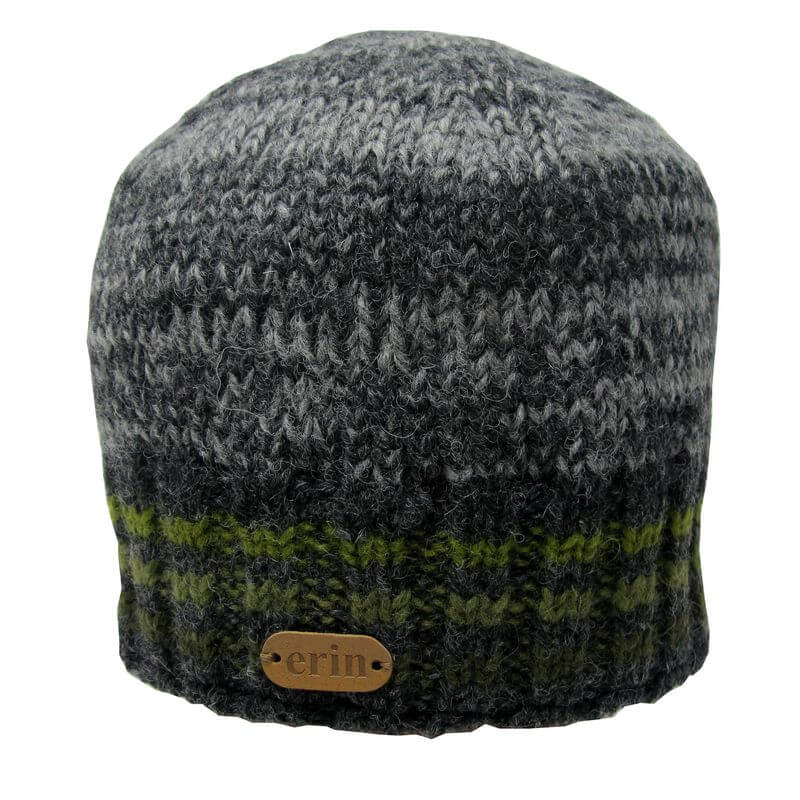 Irische Pull-on Strickmütze Grau Melange mit grünen Streifen