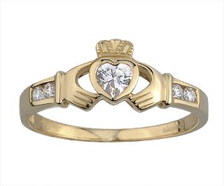 Filigraner Claddagh Goldring für Damen, 9K-Gold, Zirkonia-Schmucksteine. 48 (15,2 mm Durchmesser)