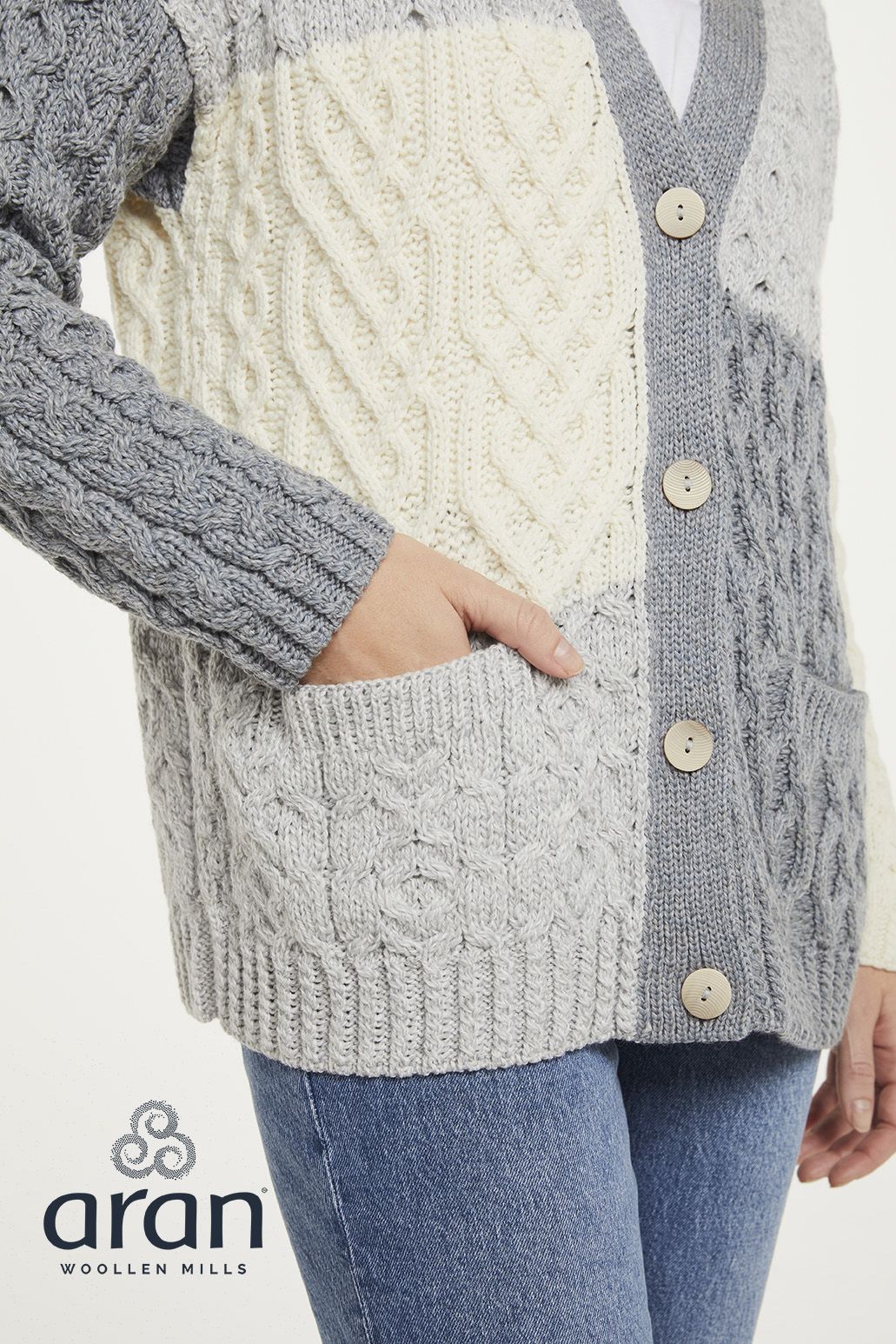 Irische Damen Strickjacke in Patchwork Optik L