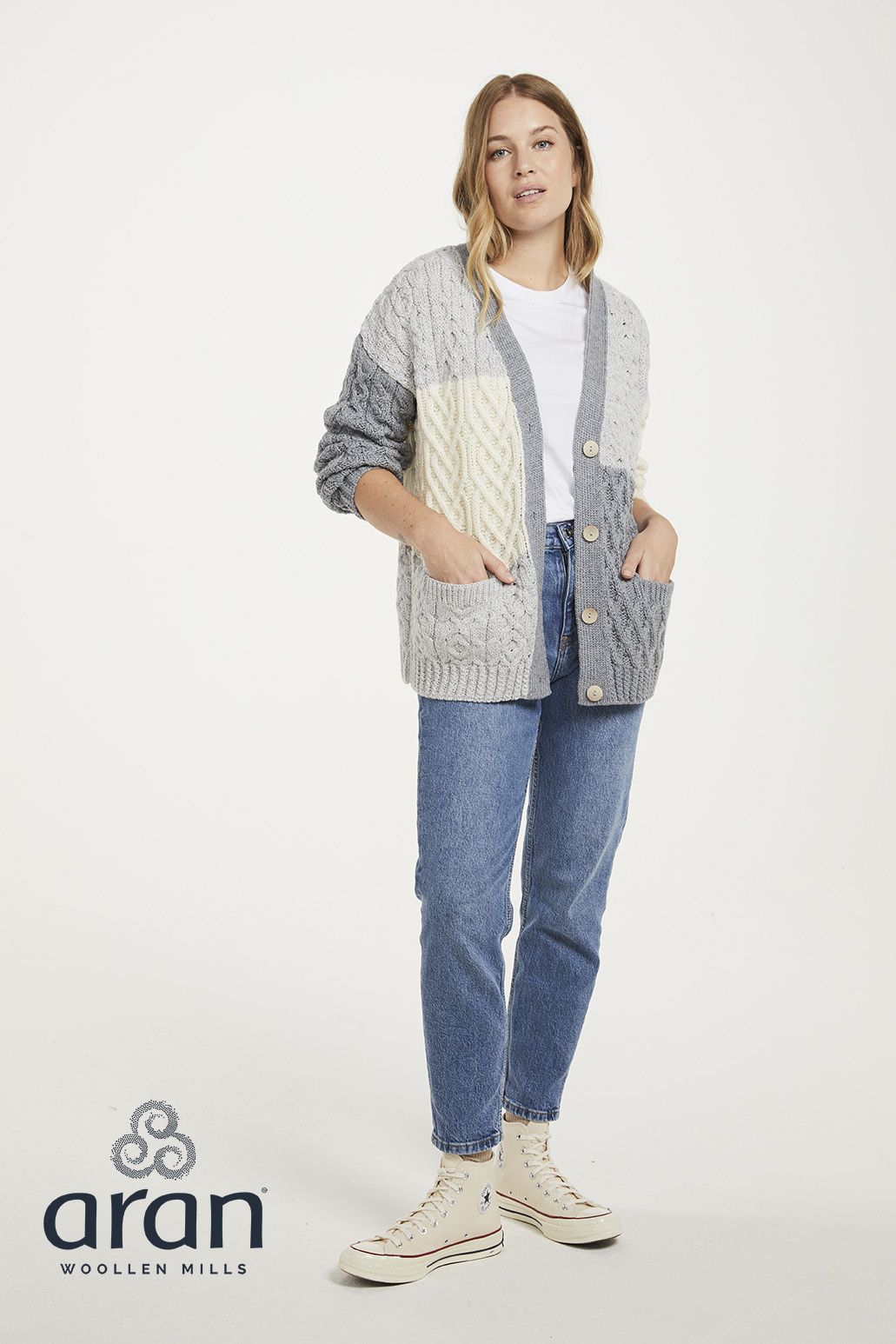 Irische Damen Strickjacke in Patchwork Optik L
