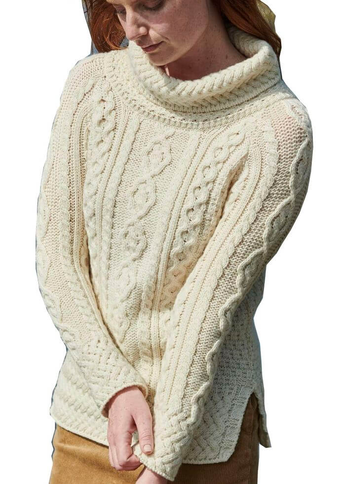 Irischer Damen Strickpullover in Tunika Stil m. halsfernen Rollkragen S