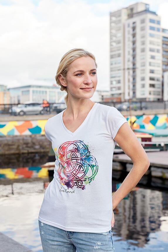 Irisches Damen Kurzarm T-Shirt mit schönem V-Halsausschnitt L