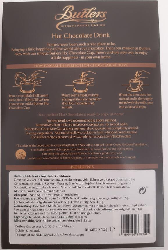 Butlers  Irish Trinkschokolade in Tabform 3er Vorteilspackung