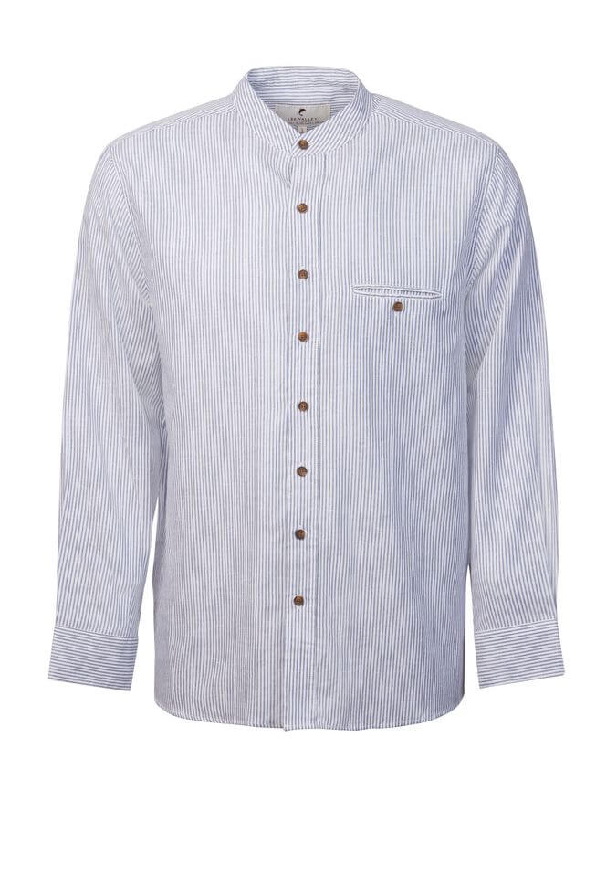 Irisches Leinenhemd mit Stehkragen. Blauweiss gestreift. Unisex M