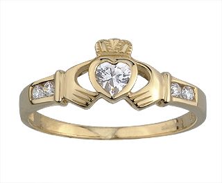 Filigraner Claddagh Goldring für Damen, 9K-Gold, Zirkonia-Schmucksteine. 52 (16,4 mm Durchmesser)