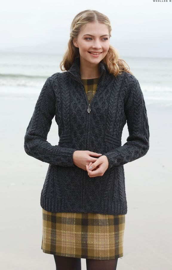 Irische Damen Strickjacke aus Merinowolle mit Reißverschluß S