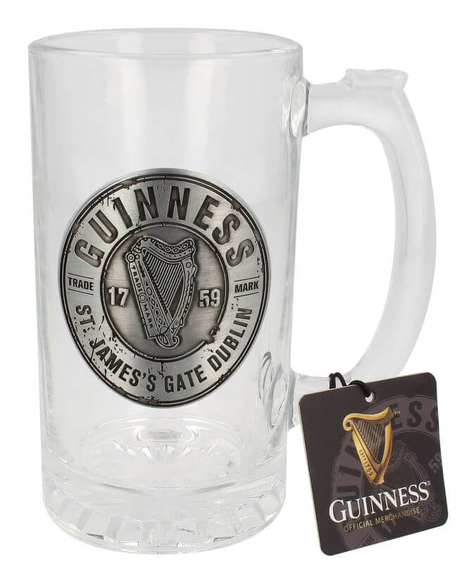 Eleganter Guinness Ireland Bierkrug aus Glas mit silberschwarzem Logo