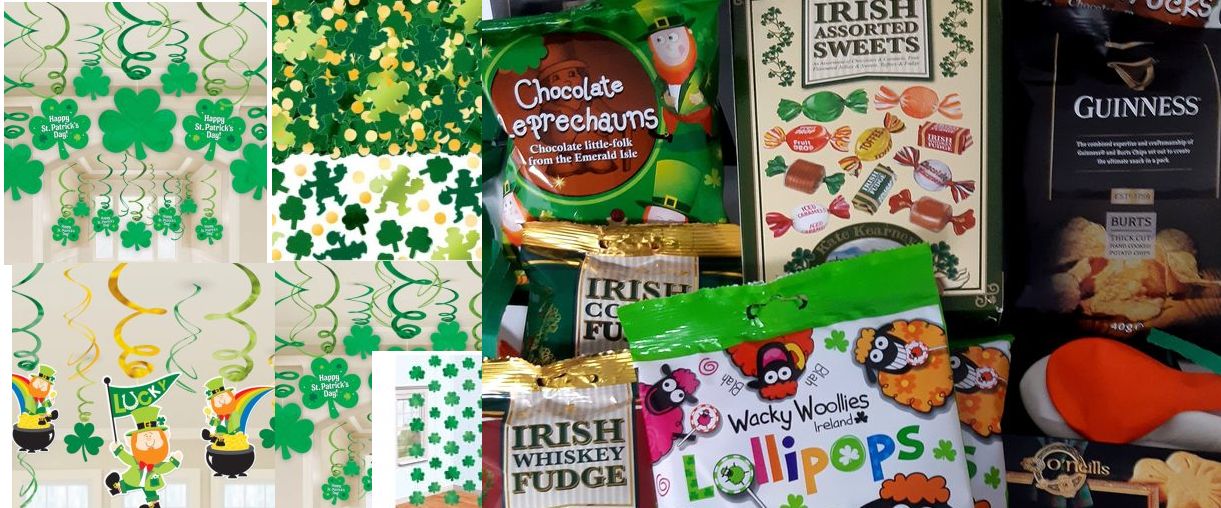 Die Irische Party Snacks und Kleeblattdeko