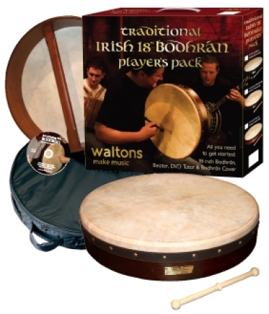 Bodhran aus Irland, dunkelbrauner Holzrahmen. Set