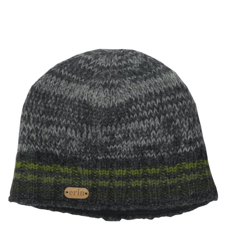 Irische Pull-on Strickmütze Grau Melange mit grünen Streifen
