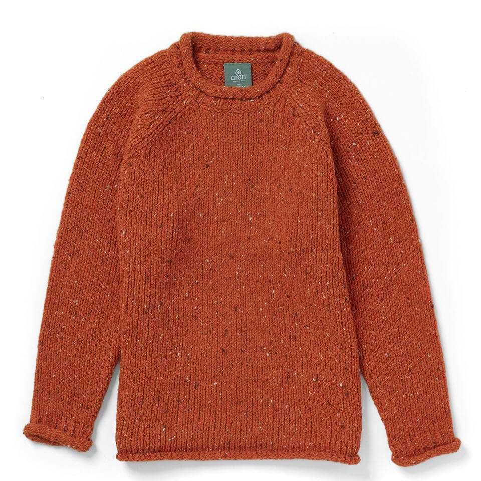 Irischer Damenpullover gestrickt aus Donegal Tweedwolle Seville Orange M