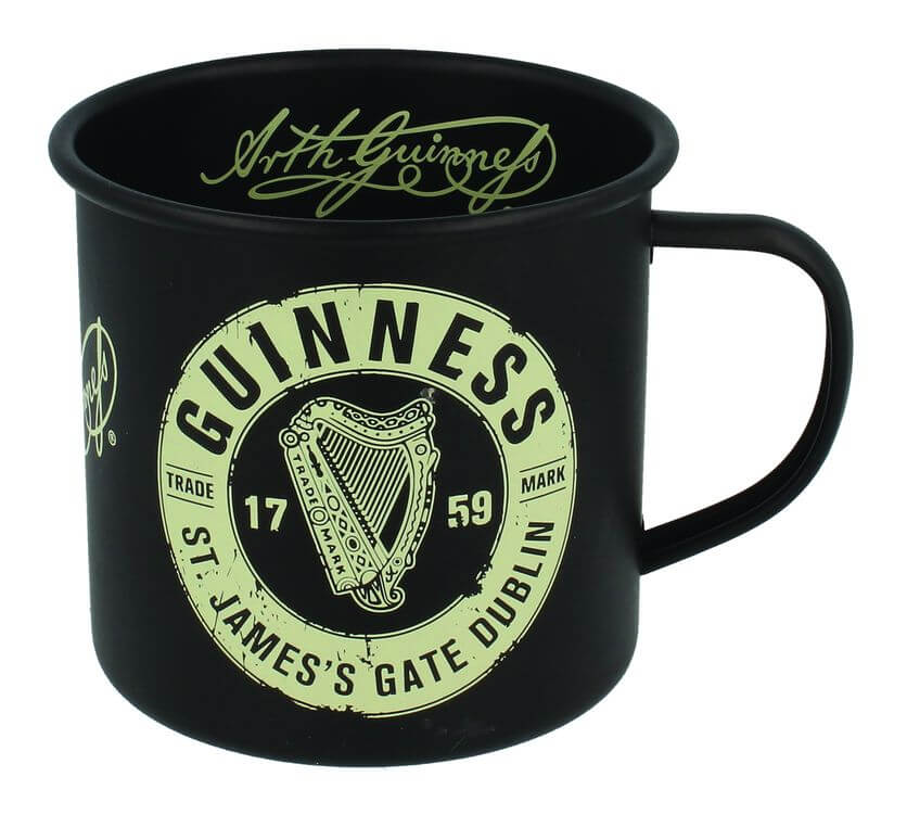 Schwarzer Guinness Emaillebecher mit Brauerei Trademark Logo