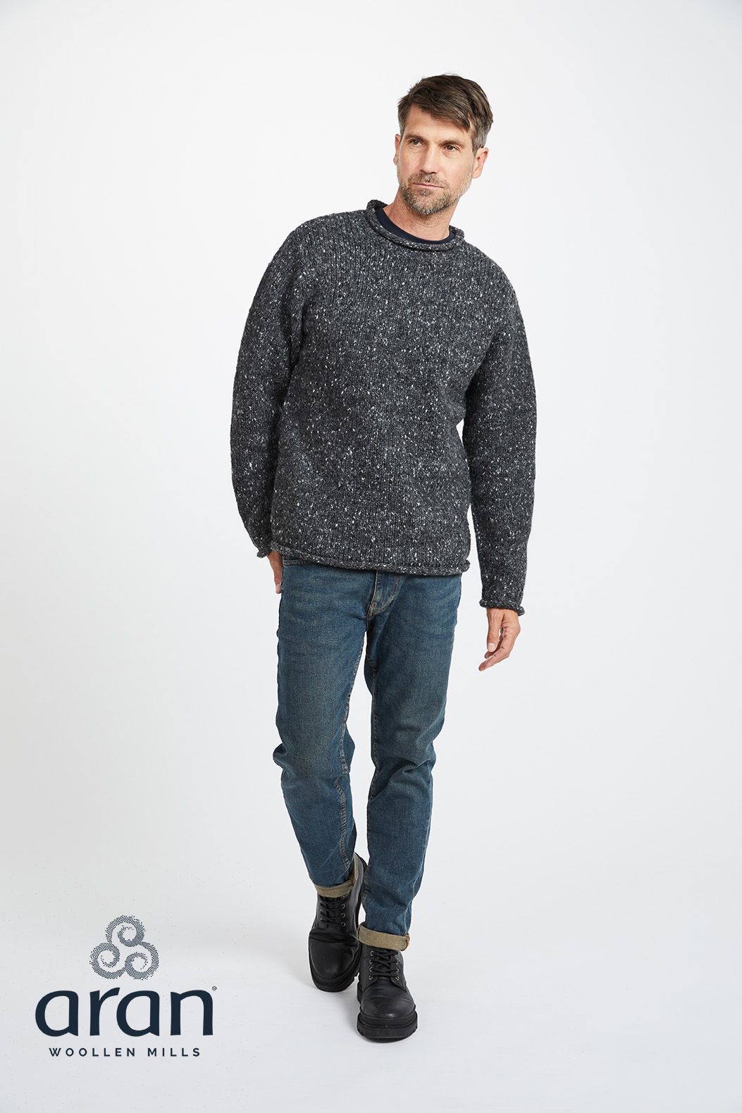 Irischer Strickpullover aus Donegal Tweedwolle, Anthrazit meliert L Irischer Strickpullover aus Donegal Tweedwolle, Anthrazit meliert XL
