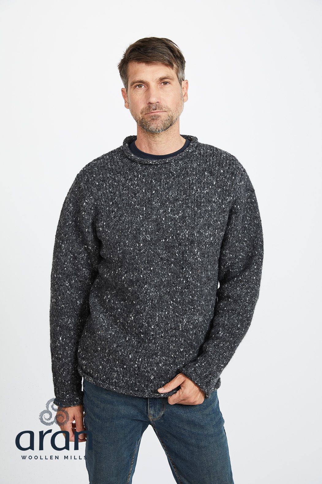 Irischer Strickpullover aus Donegal Tweedwolle, Anthrazit meliert L Irischer Strickpullover aus Donegal Tweedwolle, Anthrazit meliert XL