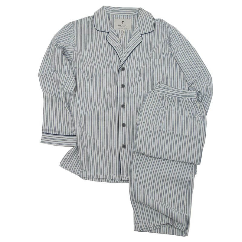 Irischer Schlafanzug Baumwollflanell, blauweiss gestreift. XL