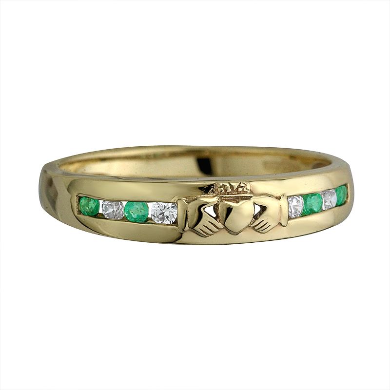Claddagh Band Ring 14K-Gold ( Gold 585 ) mit Diamanten und Smaragden 47 (14,8 mm Durchmesser)