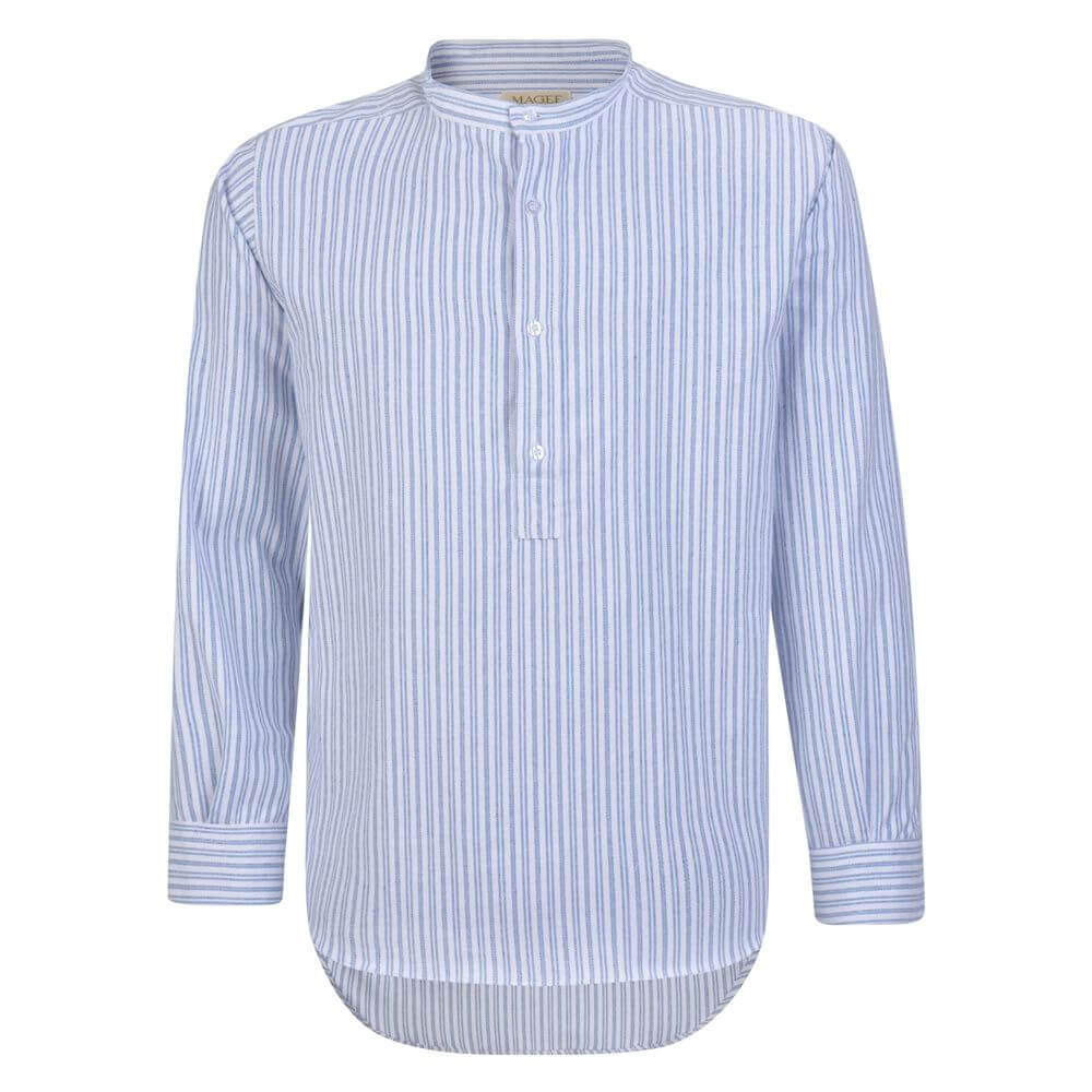Grandfather Shirt. Original Stehkragenhemd aus Irland. Blau weiss gestreift XL