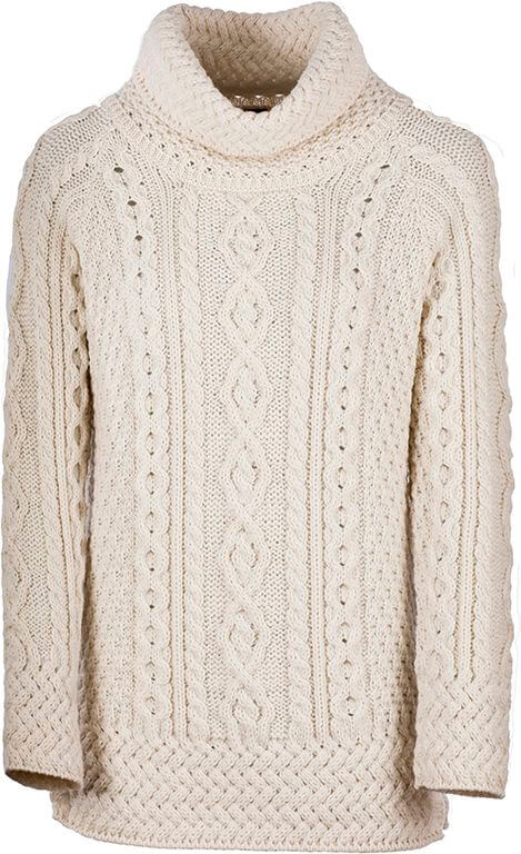 Irischer Damen Strickpullover in Tunika Stil m. halsfernen Rollkragen S