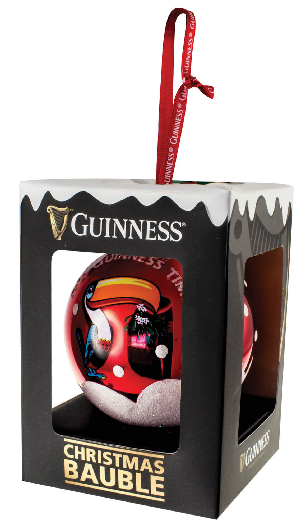 Rote Guinness Weihnachtskugel mit Toucan und Stechpalme